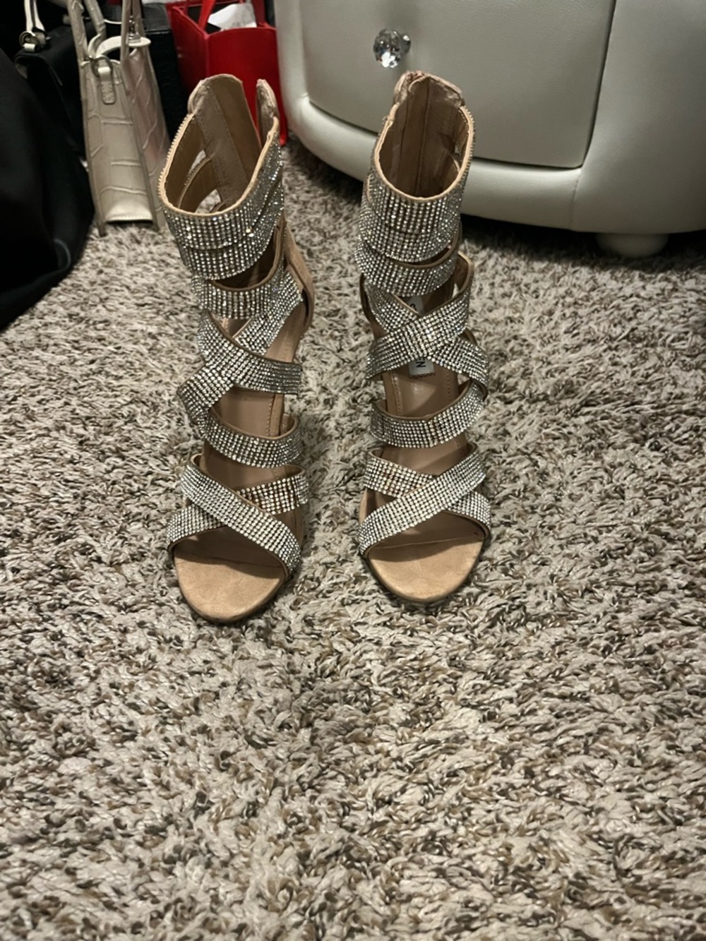 Steve Madden Malika Rhinestones High Heel Sandals - Silver & Tan